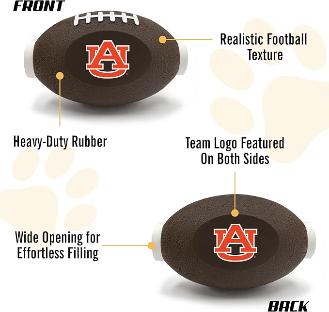 NCAA Auburn Tigers Football Treat Dispensing Toy for Dogs and Cats, Rubber Ball Dog Toy, Interactive Fun Dog Treat Toy, Natural Rubber Dog Feeding Toy