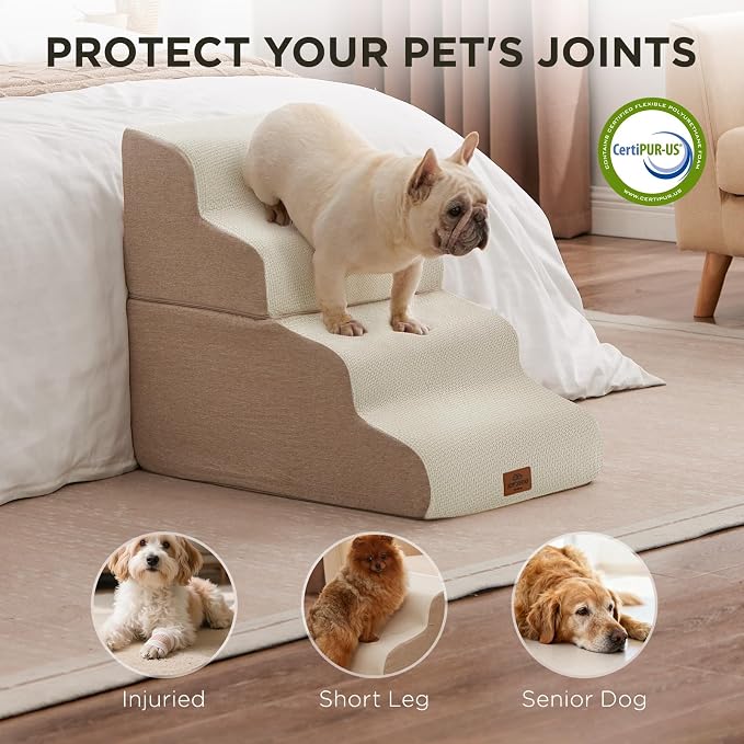 Joydeco Dog Stairs for Bed 22.8" H, 4-Step Pet Steps for Small Dogs and Cats, Dog Steps for High Bed, Non-Slip Balanced Ramp Indoor Pet Stairs, Beige