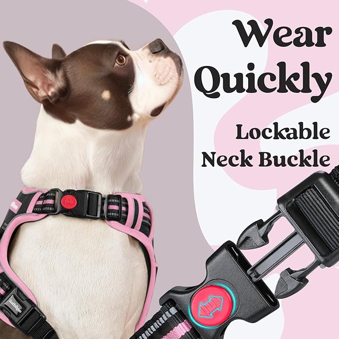 rabbitgoo Dog Harness Medium Sized, Updated Easy On & Off with 3 Buckles | No Pull No Choke, Walking with 2 Clips and Handle, Adjustable Soft Reflective, Black & Pink, Medium