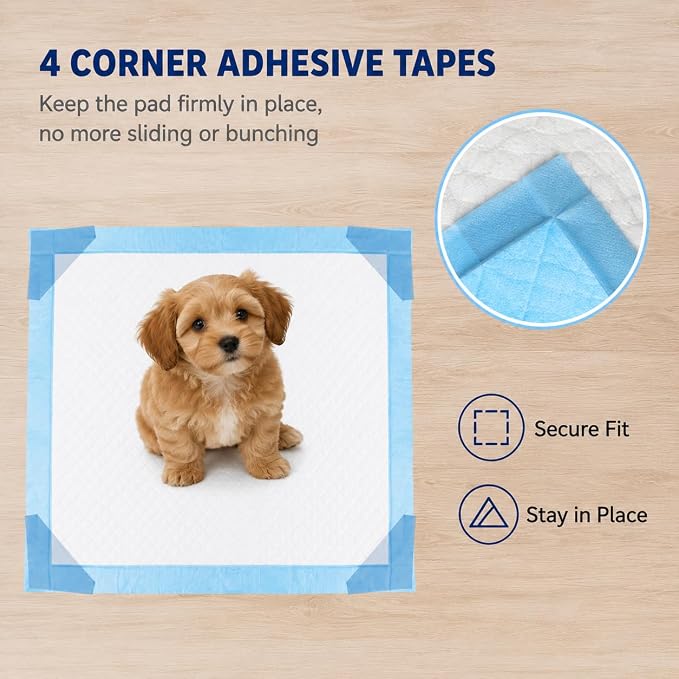 Dog Padswith Adhesive Backing，Fixed, 5-Layer Leak-Proof Super Absorbent, Quick-Dry Surface, Potty Training, Blue & White (Regular22*22, Count, 40)