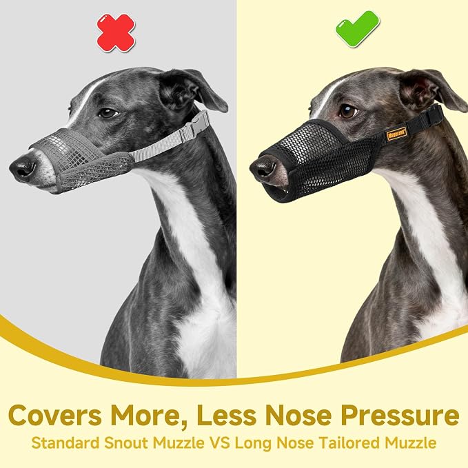 Soft Mesh Muzzle for Greyhound Whippet Long Narrow-Snouted Dogs | Prevent Excessive Biting Chewing Eating, Grooming Nail Trimming Walking Vet Visits Use, Allowing Drinking, Breathable | L