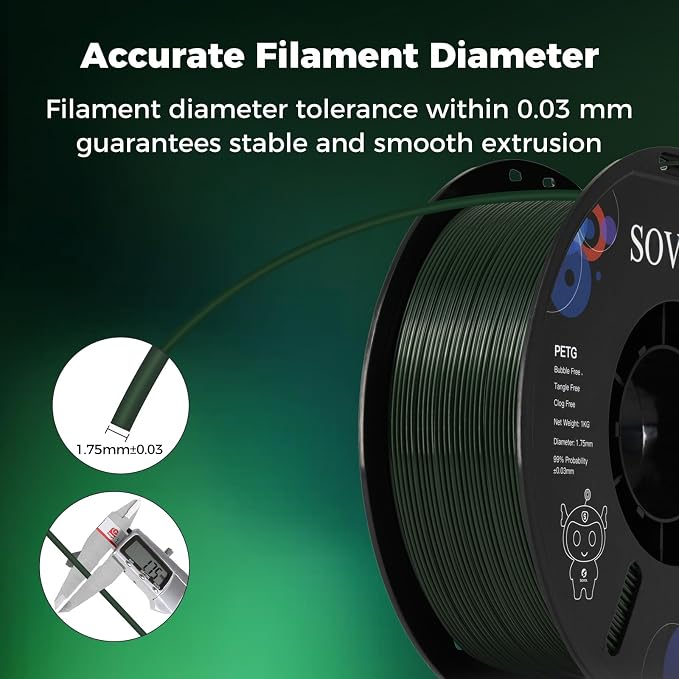 Sovol 3D Printer PETG Filament 1.75mm 1KG (2.2lbs), High Precision, Strong Toughness, Wiring Tightness, Dimensional Accuracy +/- 0.03 mm, 3D Printing PETG Filaments, Army Green