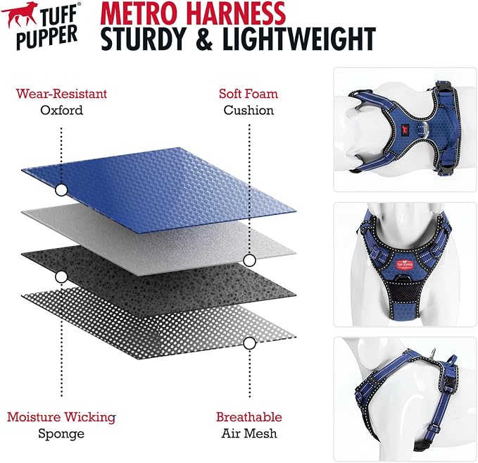 Tuff Pupper No Pull Easy Walk Dog Harness | Heavy Duty Pet Vest | Front & Back Leash Clips | Strong Safety Handle | Reflective Anti Pull Vest | Comfortable Padded Escape Proof Harness (Small, Blue)