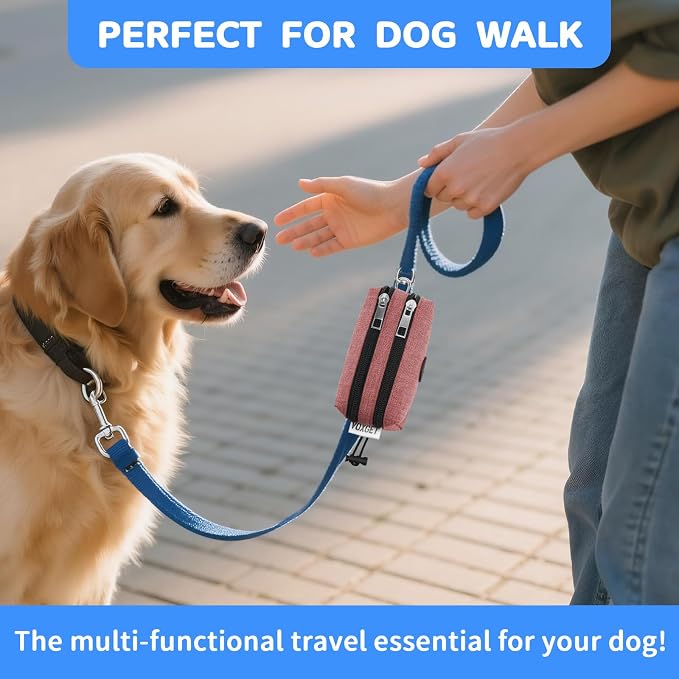 Dog Poop Bag Holder for Leashes, Dog Waste Bag Dispenser with 2 Zipper Pockets and Clip for Pets Doggy Training, Puppy Treat Pouch Carrier with 1 Roll Poop Bags for Walking Accessories (Red)