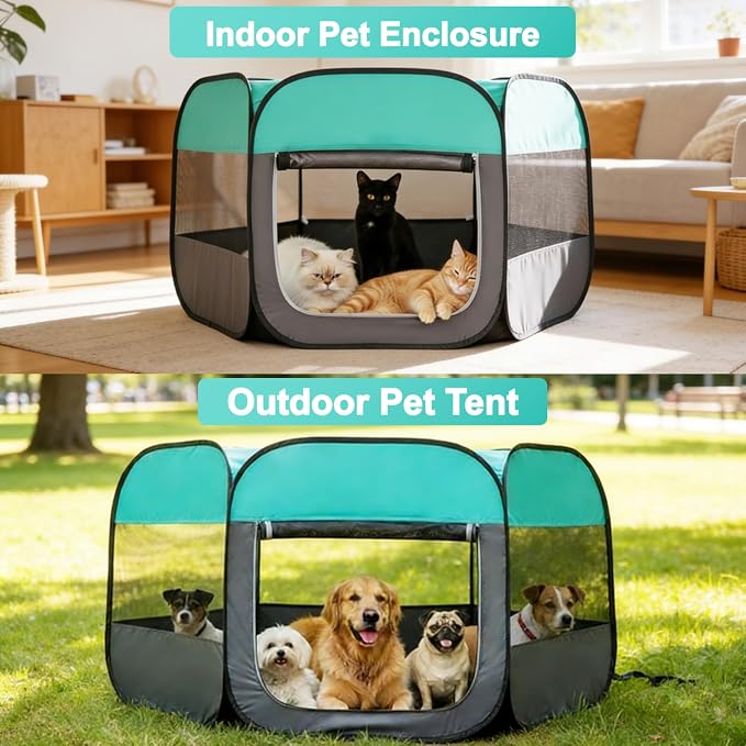 Dog Cat Playpen, Pet Playpen Indoor for Dog Crate Tent Cage Outdoor Foldable Dog Enclosure, Green Medium