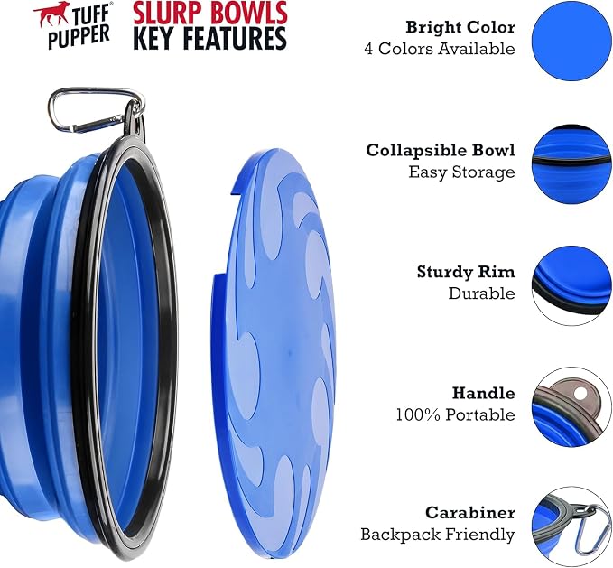 Tuff Pupper SuperBigSlurp Collapsible Dog Bowls, Two Pack, Blue, 60oz