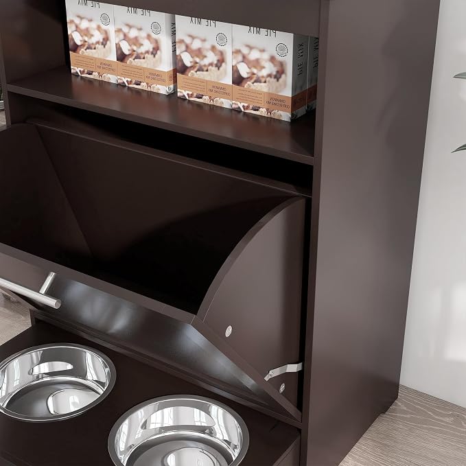 PawHut Dog Feeding Station with Raised Bowls, Dog Food Storage Cabinet with Hanger for Feeding & Watering Supplies, Pet Feeder Station, Brown