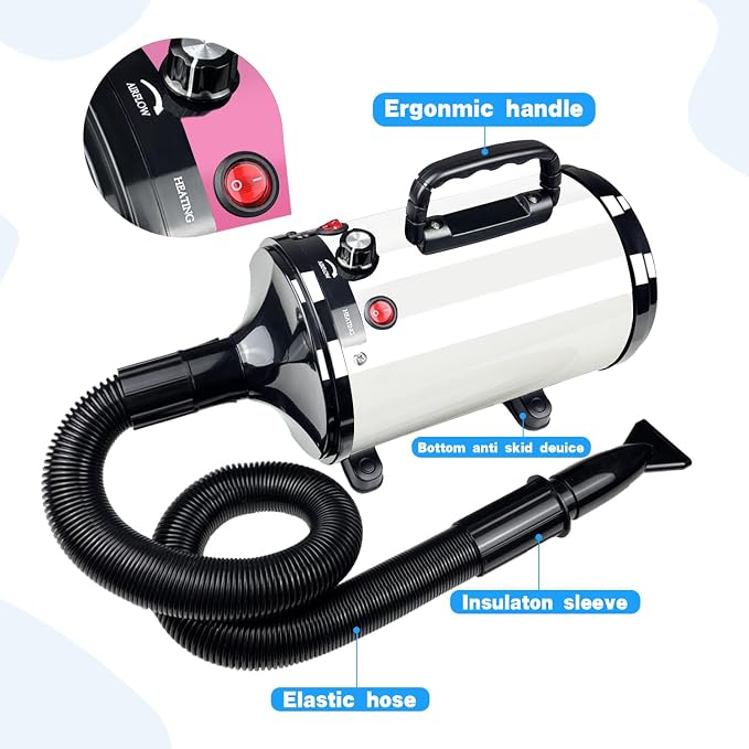 Dog Dryer High Velocity Professional Pet Grooming Dryer | Adjustable Temperature and Speed for Pets with 4 Nozzles