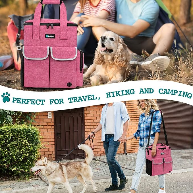 PetAmi Dog Travel Bag Organizer with Food Containers & Bowls, Pink