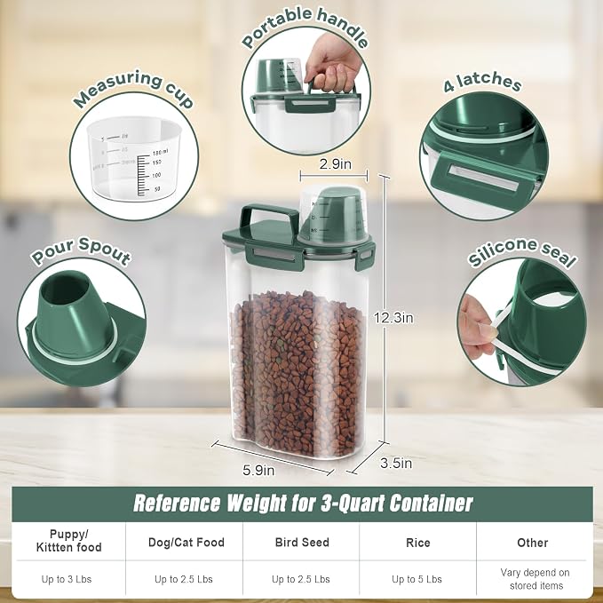 TBMax Small Dog Food Storage Container 3 Qt with Cat Food Can Cover and, Small, Green