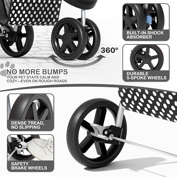 MoNiBloom 3-Wheel Foldable Pet Stroller - Black Polka Dots