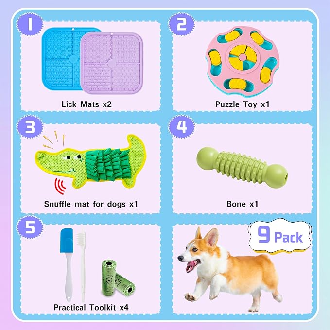 MRSOHRET 9 PCS Interactive Dog Puzzle Toy Set, Mentally Stimulating Dog Enrichment Toys for Small to Medium Smart Dogs, Includes Lick Mat with Suction Cups and Snuffle Mat for Dogs