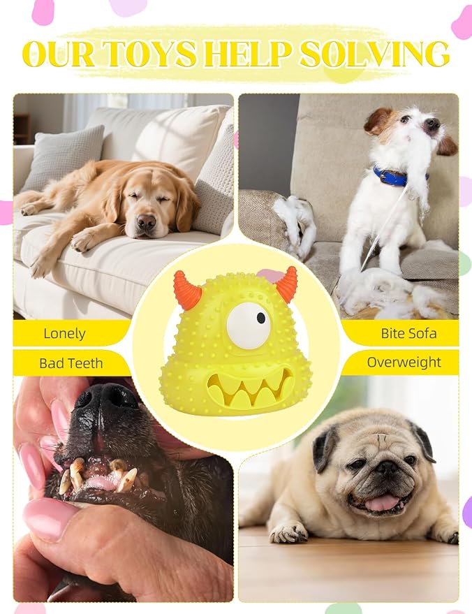 Squeaky Monster Dog Toy, Soft Latex Interactive Toy, Keep Them Busy Tug of War Birthday Dog Chew Toy for Small to Medium Dogs (Yellow)