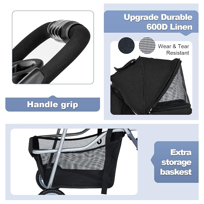 BestPet Pet Stroller - Black, 3 Wheels
