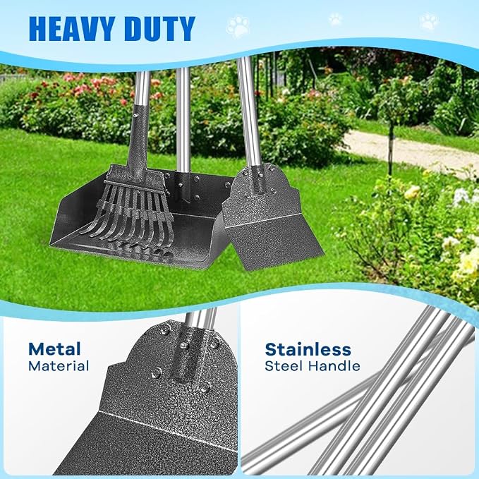 Larger Pooper Scooper Dog Pooper Scooper for Large Medium Small Dogs Heavy Duty Stainless Steel with Long Handle Tray Rake Shovel for Yard