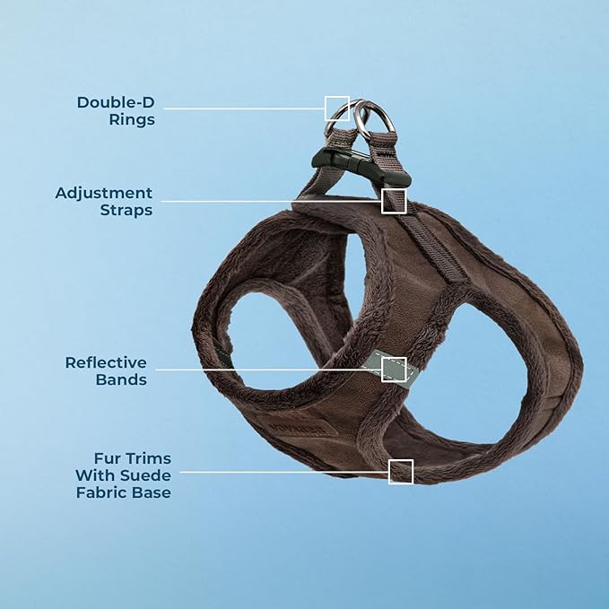 Voyager Step-in Plush Dog Vest Harness -Chocolate Suede, X-Small | 13 - 14.5" in Chest, Soft Plush, Reflective Bands, Cold-Weather Harness, Cats Compatible. Step-In Style,