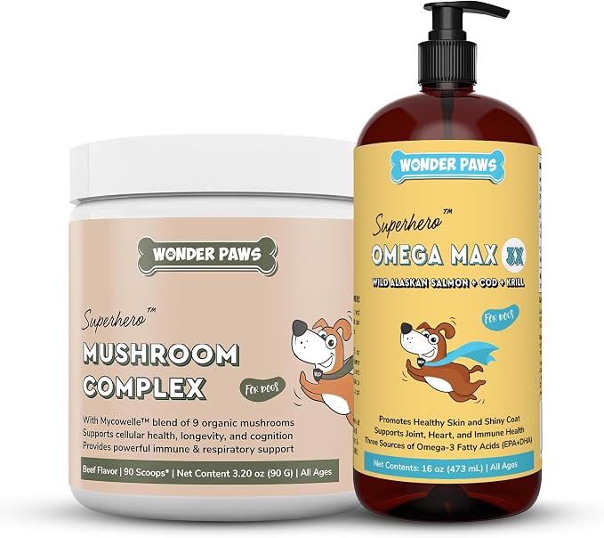 WONDER PAWS Mushroom Complex Powder Plus Omega Max Fish Oil - for Dog's Immune Health, Vitality, Skin & Joint Care – Mushroom Complex 90 Scoops - Omega Max 16 Ounces