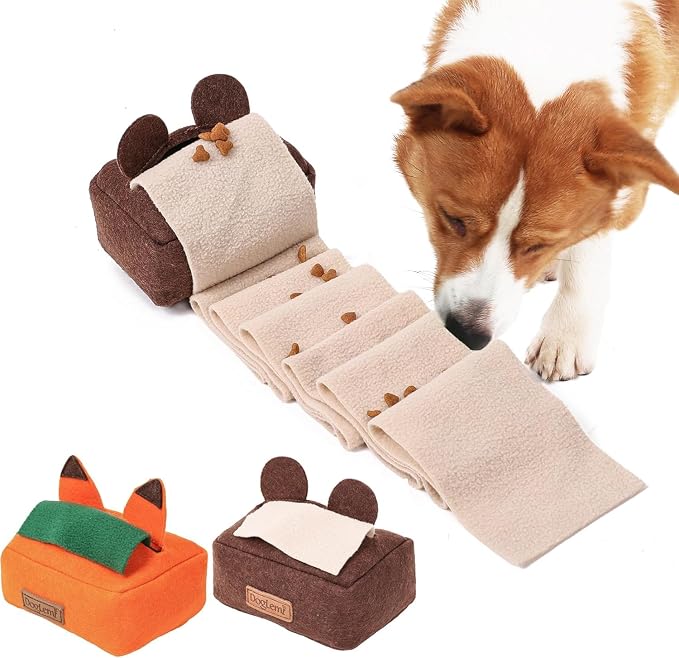 HDKUW 2PCS Dog Puzzle Toy, Dog Tissue Box Plush Toy, Interactive & Enriching Snuffle Game for Small Medium Dogs, Durable Hide and Seek Slowly Feeder Toy, Treat Dispensing & Nose Work Fun Brown Orange