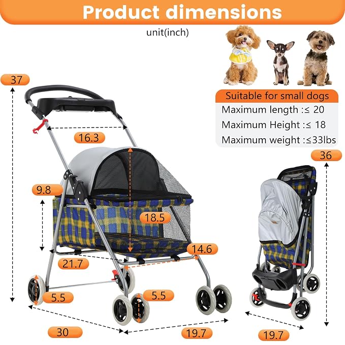 BestPet 4-Wheel Foldable Pet Stroller - Yellow Plaid, up to 33lbs