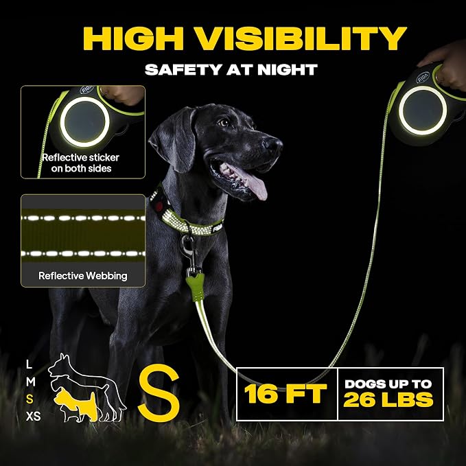 Fida Retractable Dog Leash, Reflective 16ft Heavy Duty Pet Walking Leash for Small/Medium Dog up to 26 lbs, Tangle Free. One-Hand Brake (Small, Neon Yellow)