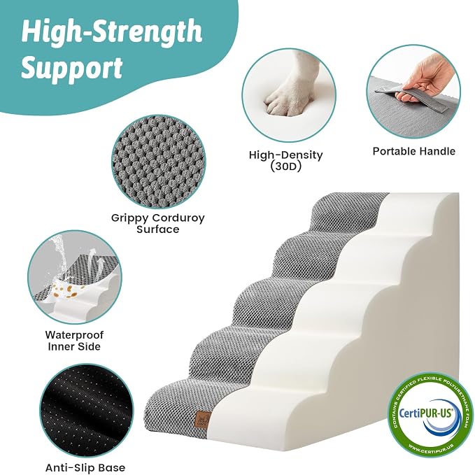 COZY KISS Wide Dog Stair for Small Dog 22.6" H, 5 Step Pet Ramp for Bed | Curved Stable Dog Step for Puppy, Older Cat, Senior, Medium, Short-Legged Dog, Non-Slip Ladder for Car, 17.7" Width, Grey