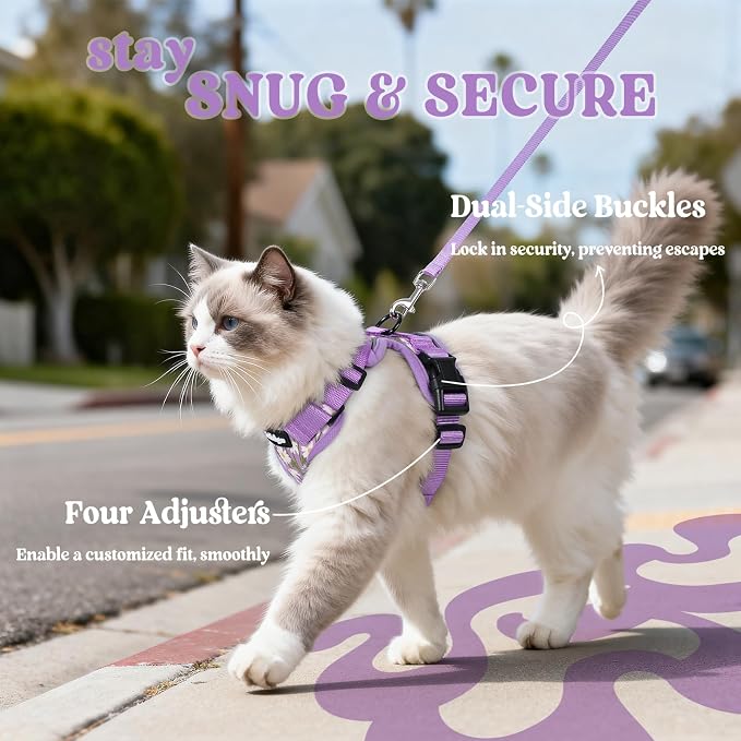 rabbitgoo Cat Harness and Leash Set, Escape Proof Vest, Purr-ple Daisy | Soft Breathable Mesh, Easy Adjustable Fit, Snap Buckles, Sturdy Clip, Reflective Strips, for Medium to Large Cats Walks, M