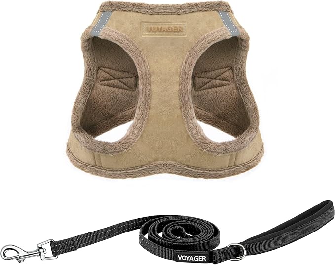 Best Pet Supplies Voyager Step-in Plush Dog Harness - Soft, Step in Vest Harness and Reflective Dog 5 ft Leash Combo with Neoprene Handle for Small and Medium Dogs, Latte Suede, L