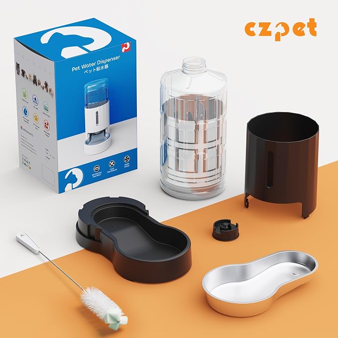 CZPET Dog Water Bowl Dispenser 8L, Wider Mouth & Upgraded Brush for Easy Cleaning Automatic Cat Gravity Refilling Waterer with Removable Stainless Steel Bowl, Large Drinking Area for Multi-Pet (Black)