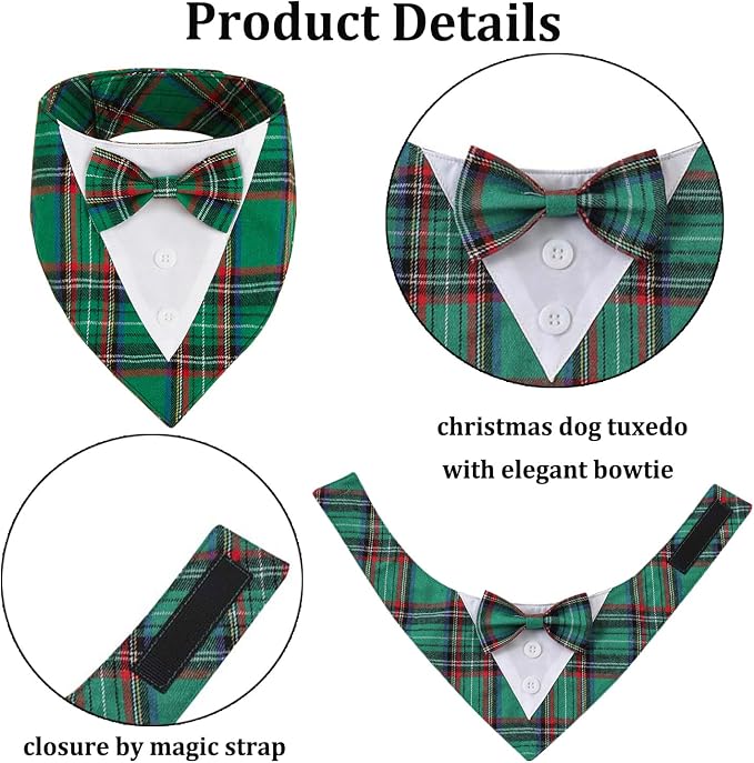 Adjustable Green Plaid Christmas Dog Tuxedo Bandana with Bow Tie, Medium, XS, Green