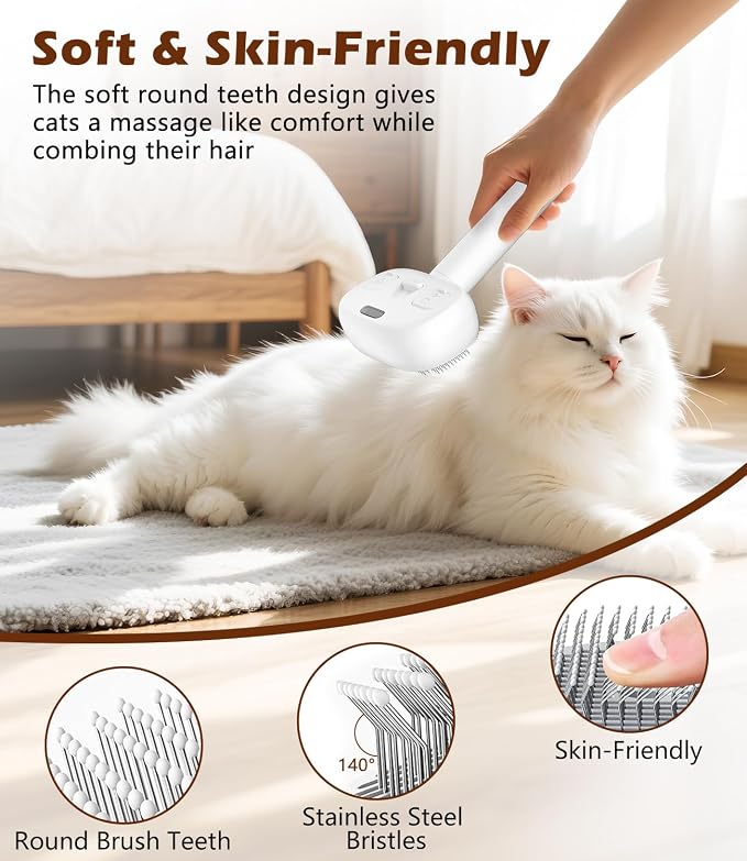 3-In-1 Cat Steam Brush for Shedding, One-Touch Release - Rechargeable - Self Cleaning Comb for Indoor Cats, Anti-Static Grooming Brush for Long and Short-Haired Cat/Dog, White