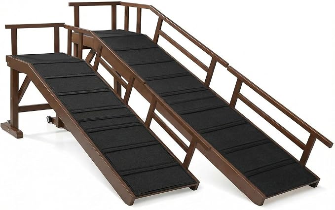 Dog Ramp for Bed or Couch, Wooden Pet Ramp with 20° Gentle Slope, Removable Side Rails, Non-Slip Surface, Top Platform & Wheels, Safe Bed Ramp for Small, Large & Senior Dogs, 60" Long, Walnut