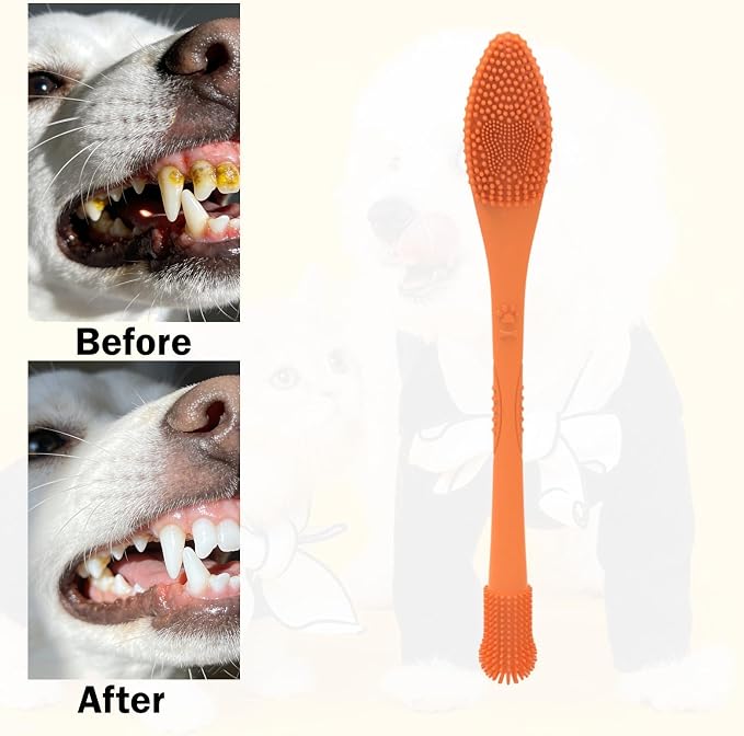 Pet Toothbrush Silicone Double Headed 360 Degree Cleaning Soft Bristles Easy to Handle Ergonomic Grip Suitable for Dog Home Use, Orange