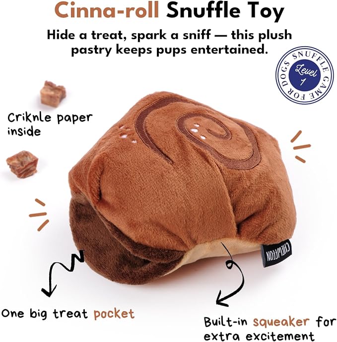 CHEWFFON Interactive Snuffle Toy, Sniffing Enrichment Fun for Dogs | Cinnamon Roll Plush Design, Crinkle Sound, Built-In Squeaker, Hidden Treat Pocket, for Small Medium Dogs