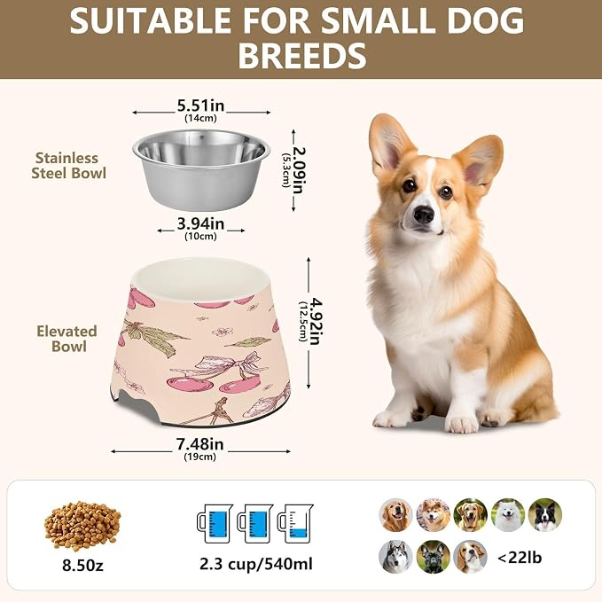 Blueangle Elevated Dog Bowls with Stainless Steel - Non-Slip 2.3 Cup High Capacity Pet Dish for Spinal Health & Cherry and Bow Design（410）
