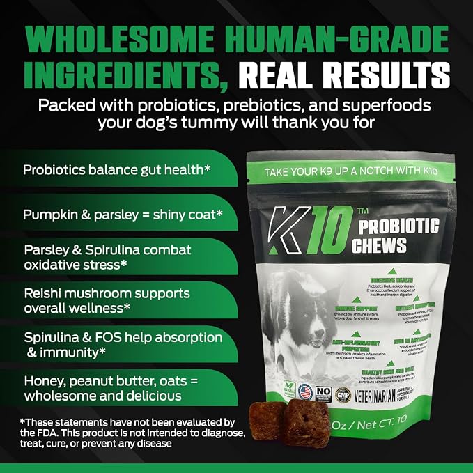 K10 Probiotic Chews for Dogs, Probiotic & Prebiotic Formula, 10 Count
