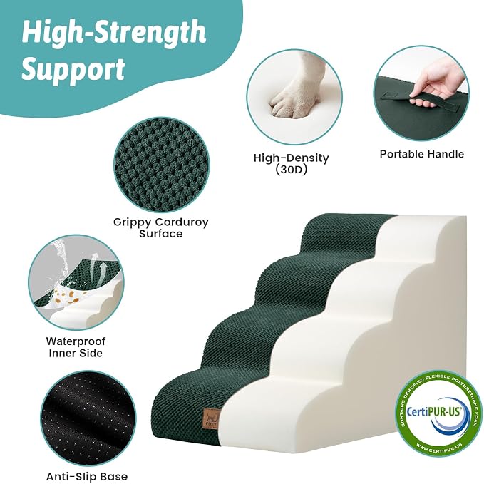 COZY KISS Wide Dog Stairs for Small Dog 19.7" H, Pet Step for Puppy, Older Cat, Curved Ramp for Bed, Durable Anti-Slip Ladder with High Density Foam, 4 Step, 17.7x28x19.7 inch, Dark Green