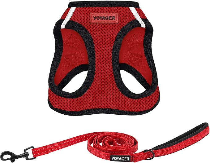 Best Pet Supplies Voyager Step-in Air All Weather Mesh Harness and Reflective Dog 5ft Leash Combo with Neoprene Handle, for Small, Medium and Large Breed Puppies - Red/Black Trim, Medium