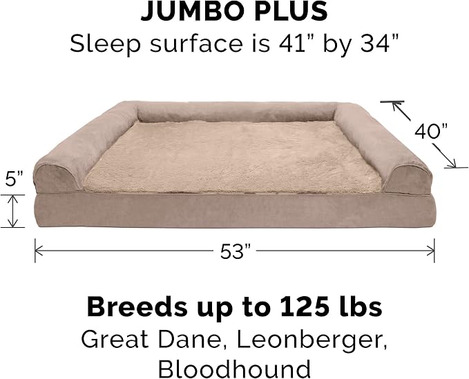Furhaven Orthopedic Plush &amp; Suede Sofa Dog Bed - Jumbo Plus/XXL (up to 125 lbs), Almondine
