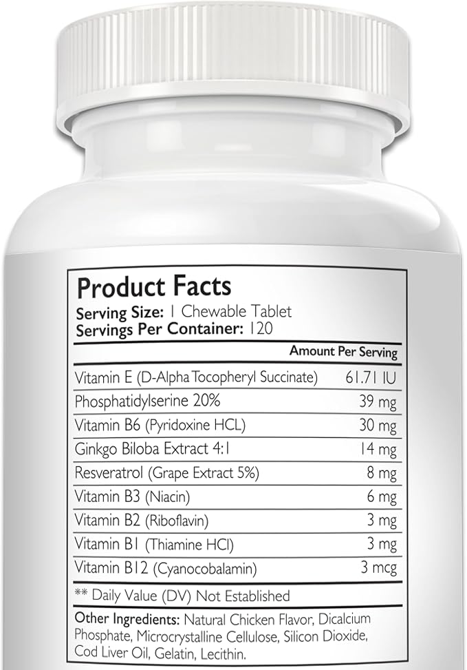 Cognitive Support for Dogs, Promotes Dog Brain Health, Mental Support Supplement for Cognitive Difficulties, 120 Chewable Tablets