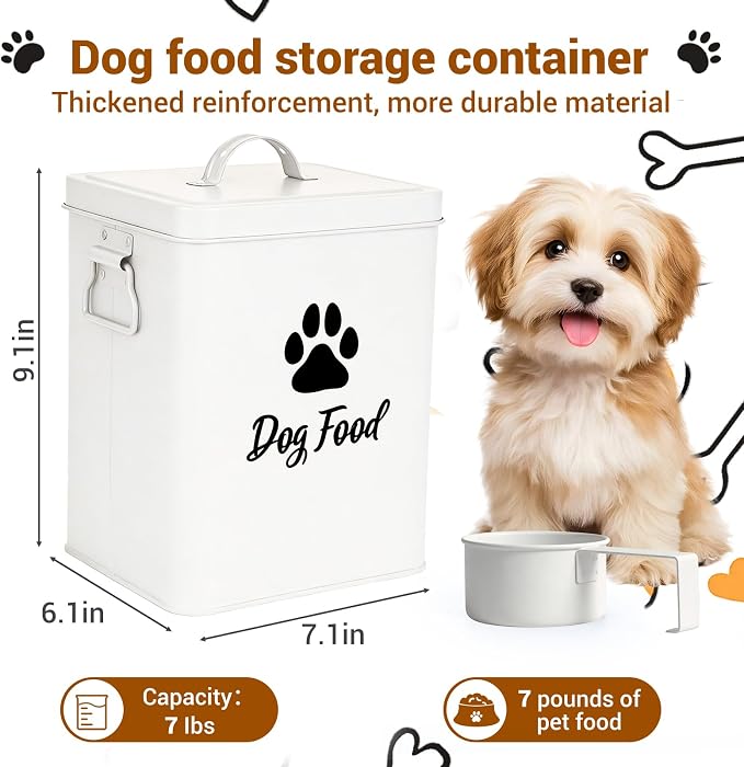 Dog Food Container 6.6lb, 6.6lb, Metal, White