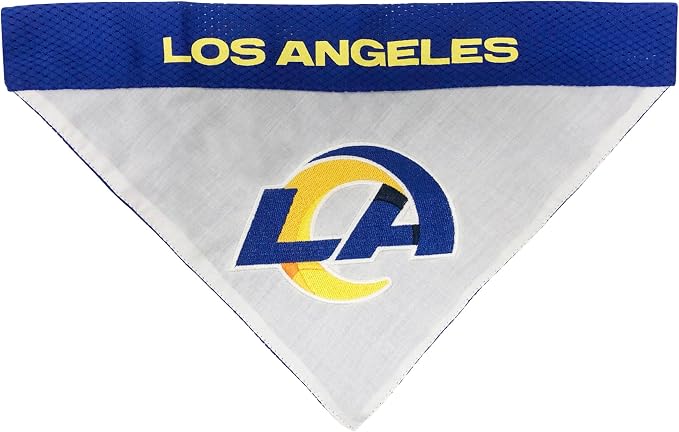 NFL DOG BANDANA - LOS ANGELES RAMS REVERSIBLE PET BANDANA. 2 Sided Sports Bandana with a PREMIUM Embroidery TEAM LOGO, Small/Medium. - 2 Sizes & 32 NFL Teams available