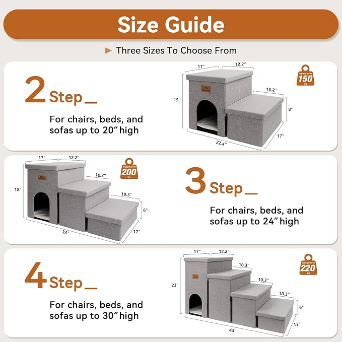 Zerbuger Dog Stairs 15" H, 2-Step Wider Dog Steps for Small/Medium/Large Old Dogs Cats, Folding Sturdy Storage Pet Stairs Climbing Bed Couch, Dog Ramp for Car Hold Up to 150 lbs(Gray, with Condo)