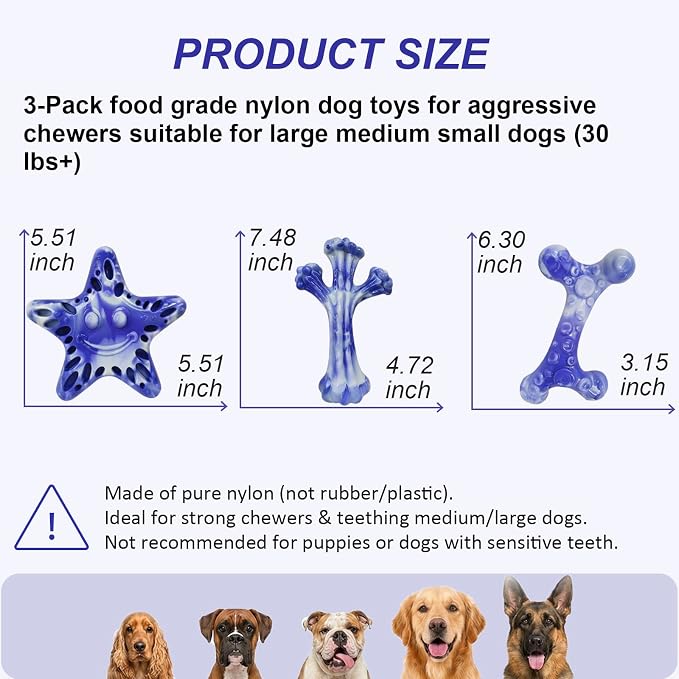 YINEYA Dog Toys for Aggressive Chewers, 3-Pack Tough Dog Chew Toys | Dog Teething Toy for Medium Large to Keep Them Busy, Indestructible Dog Toy Long Lasting, Purple, Beef Flavor