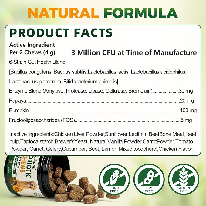 Probiotics for Dogs, 6-Strain Gut Health Blend with Digestive Enzymes, Pumpkin & Papaya, Chicken Flavor Chewable Tablets, 100 Count, Supports Digestive Health for All Breeds