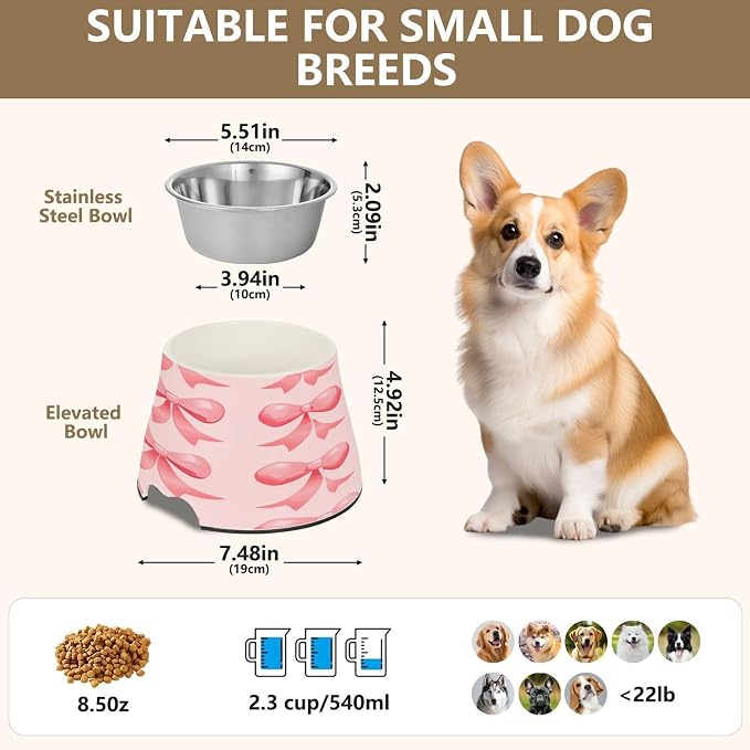 YETTASBIN Bow Pink Elevated Dog Bowls, Prevention of Vertebrae Disease Raised Dog & Cat Bowl Stand with Removable Stainless Steel Bowls, Non-Slip Spill-Proof Pet Food & Water Bowl Dish