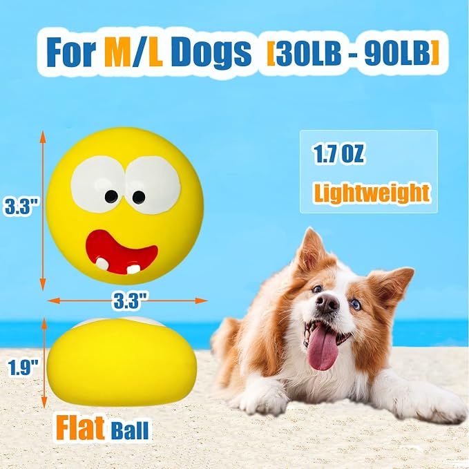 HOLYSTEED 3.3" Latex Squeaky Dog Toy for Large Dog, Medium Breed, Flat Ball | 3.3"x3.3"x1.9" Flat Squeaky Dog Balls 2pcs, Simle Face Puppy Squeak Toys, Soft Pet Ball with Squeaker for Indoor & Outdoor