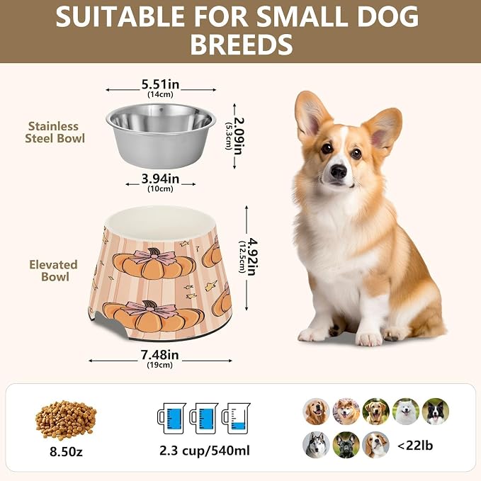 Blueangle Elevated Dog Bowls with Stainless Steel - Non-Slip 2.3 Cup High Capacity Pet Dish for Spinal Health & Pumpkins with Bows Design（154）