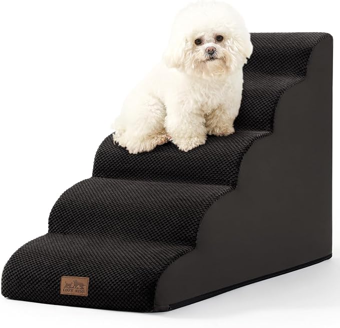 COZY KISS Dog Stairs for High Bed 22.6" H, Small Dog Step for Puppy, Older or Cat, Curved Ramp for Car, Ladder with High Density Foam, Lightweight, Durable, 15.7x33x22.6 inch, 5 Step, Black