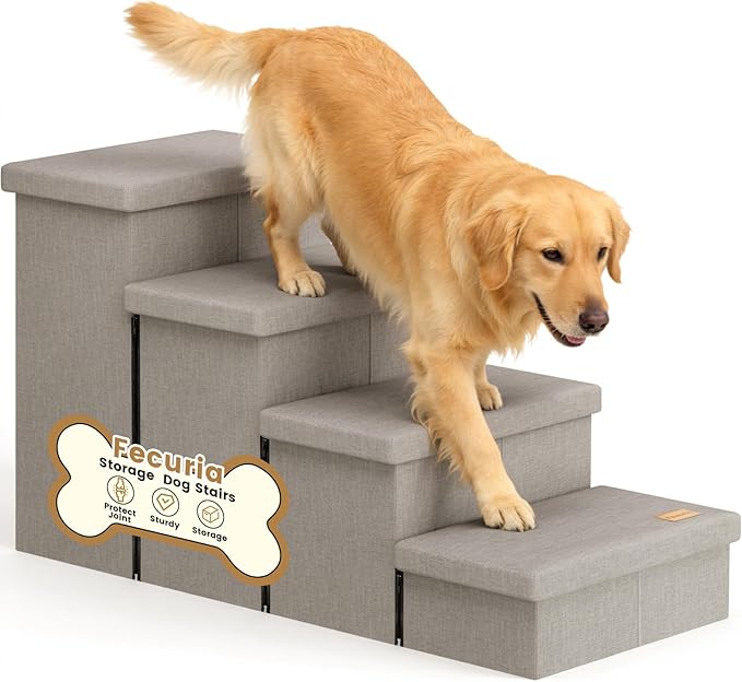 4-Step Wide Dog Stairs with Storage 23" H, Non-Slip Sturdy Pet Steps for High Bed Couch Window, Pet Stairs for Small/Medium/Large Old Dogs Cats Up to 220lbs, Cat Dog Steps for Car/SUV, Grey