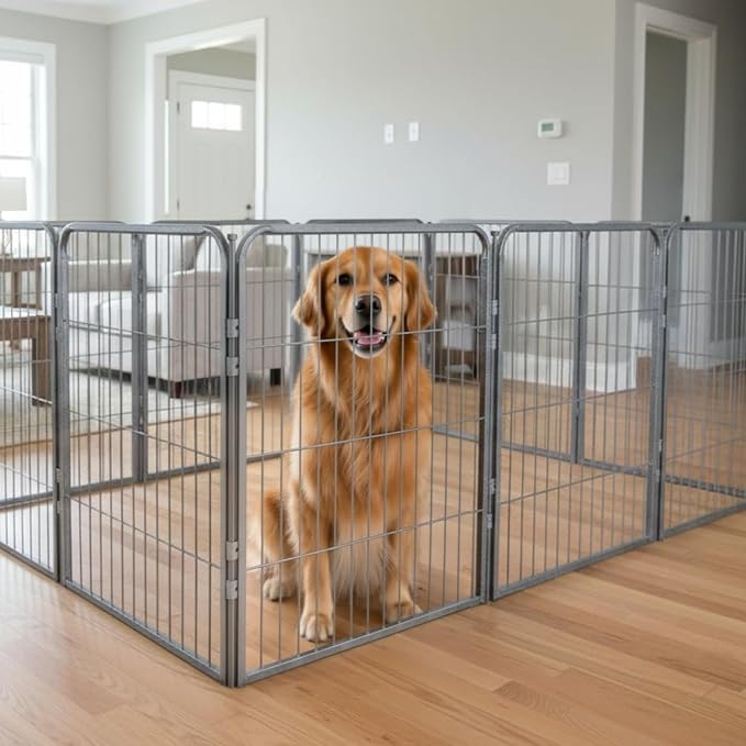 Indoor Dog Playpen - 40 inch, 20 Panels for Medium and Large Size Dogs - Play Pen w/Extra Wide Gate - Heavy Duty Metal Portable Pet Fence with Grey Anti-Rust Coating